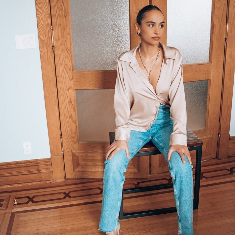 New Champagne Silky Button Down Blouse